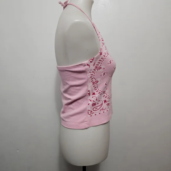 Zoey Beth Y2K Pink & Red Bandana Print Cropped Knit Halter Top Size Medium - Picture 3 of 6